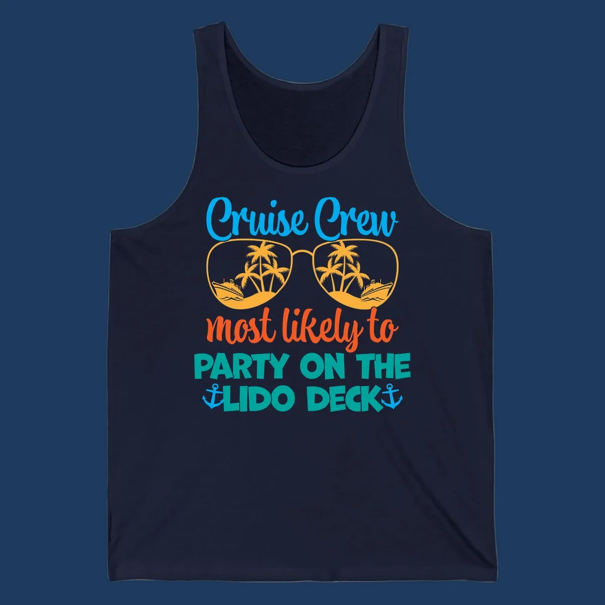 Colorful cruise crew lido deck design with sunglasses containing palm trees and ships, anchors, and playful party text