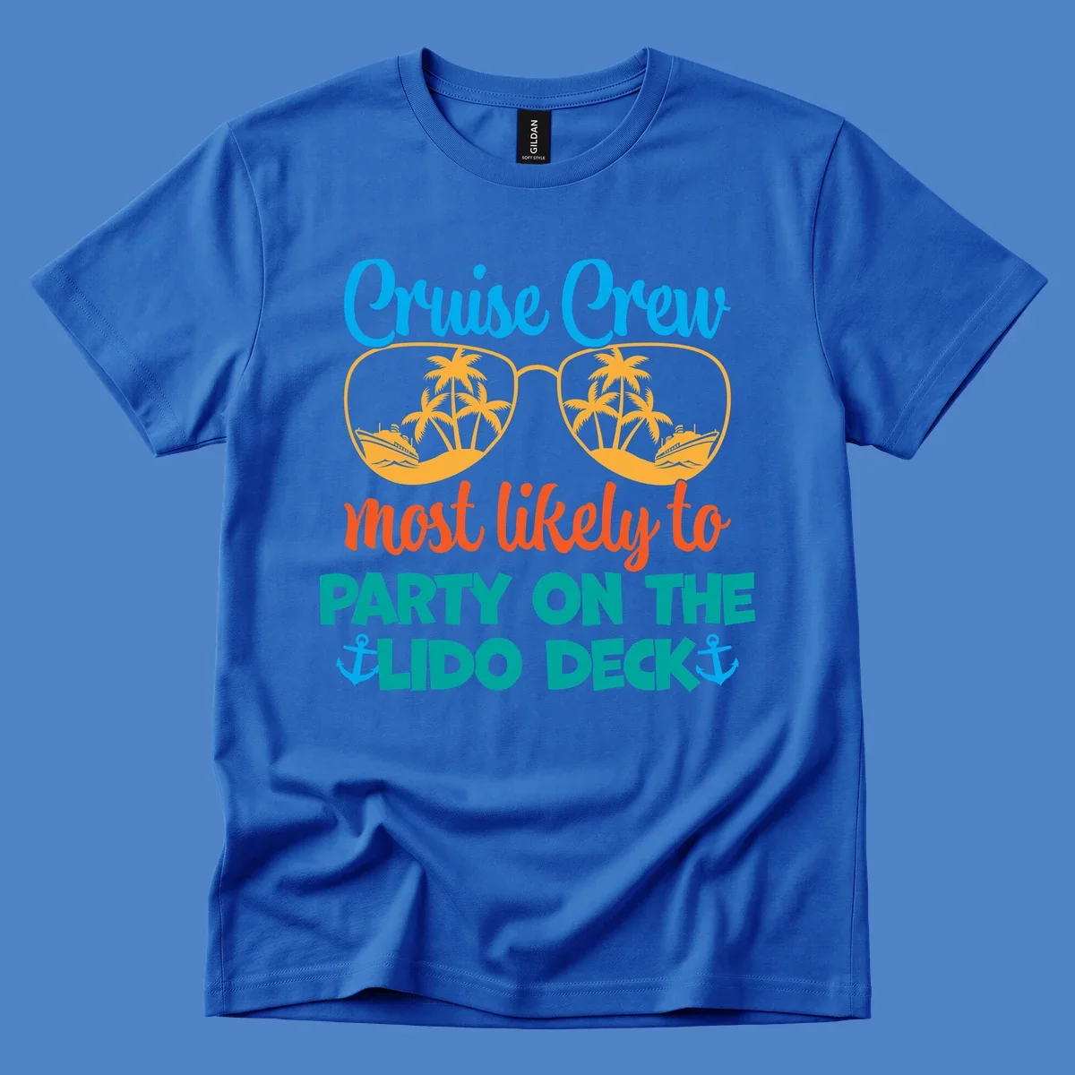 Colorful cruise crew lido deck design with sunglasses containing palm trees and ships, anchors, and playful party text