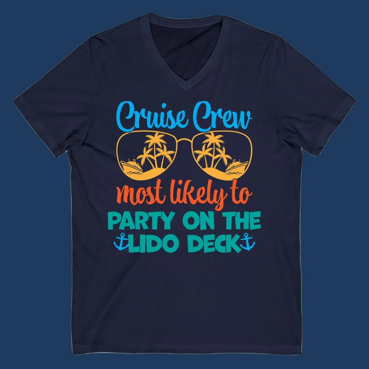 Colorful cruise crew lido deck design with sunglasses containing palm trees and ships, anchors, and playful party text