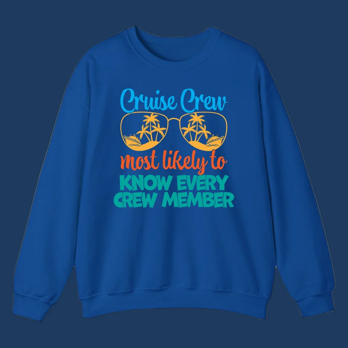 Cruise crew most likely to know every crew member design with sunglasses, palm trees, and cruise ship imagery