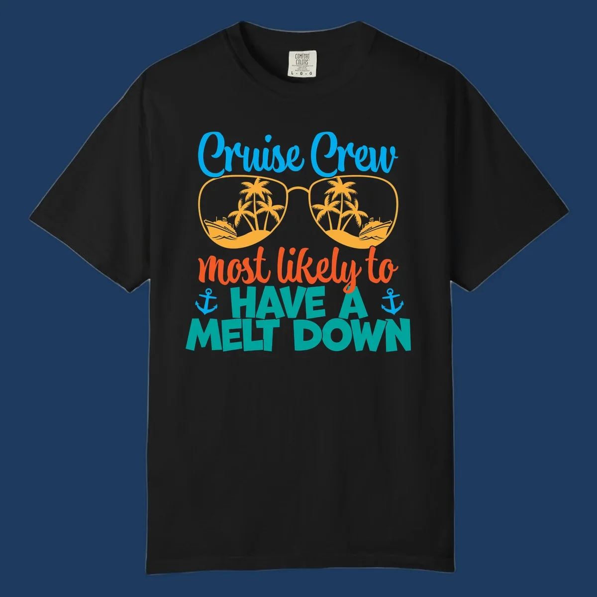 Colorful cruise crew melt down design with sunglasses containing palm trees and ships, playful vacation-themed text art