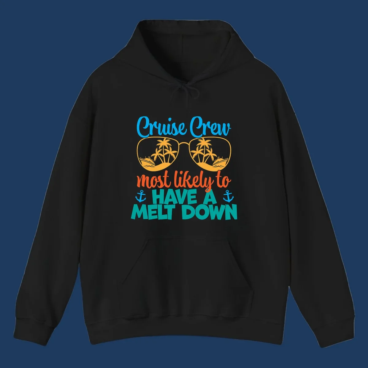 Colorful cruise crew melt down design with sunglasses containing palm trees and ships, playful vacation-themed text art