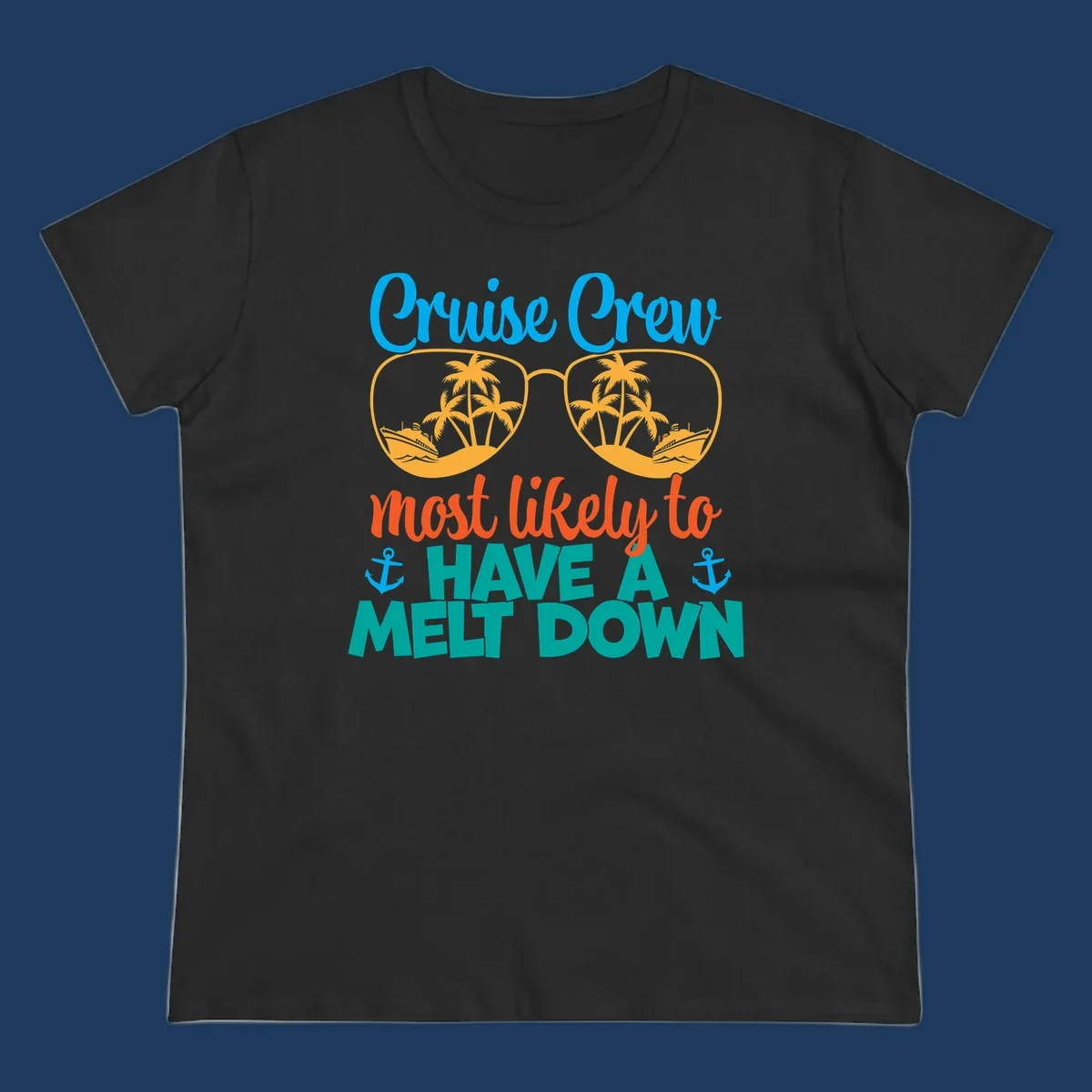 Colorful cruise crew melt down design with sunglasses containing palm trees and ships, playful vacation-themed text art