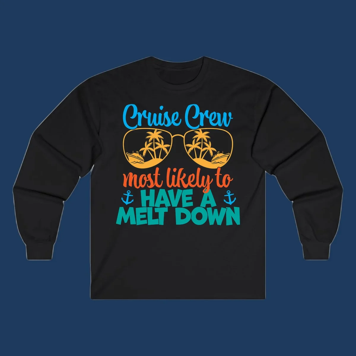 Colorful cruise crew melt down design with sunglasses containing palm trees and ships, playful vacation-themed text art