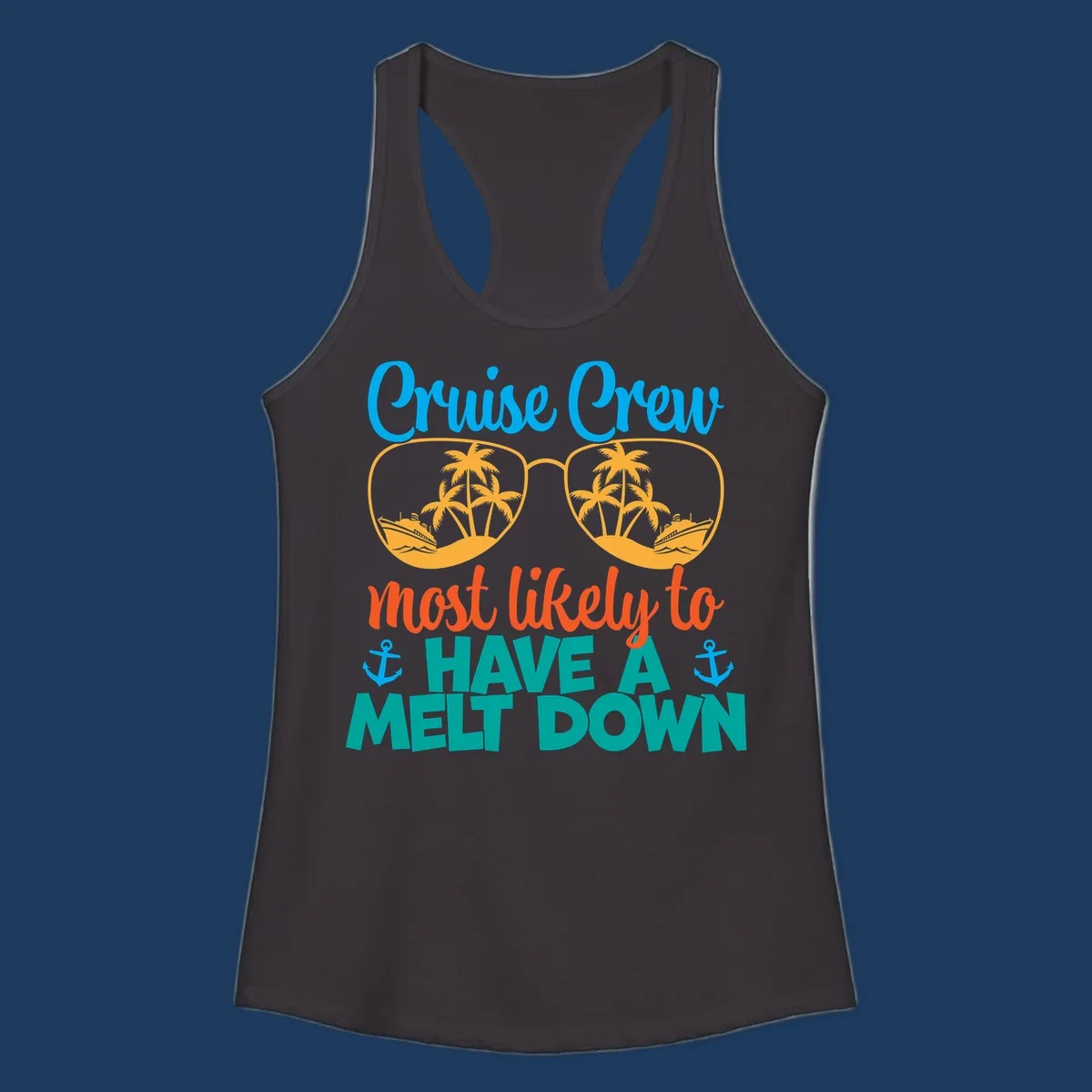 Colorful cruise crew melt down design with sunglasses containing palm trees and ships, playful vacation-themed text art