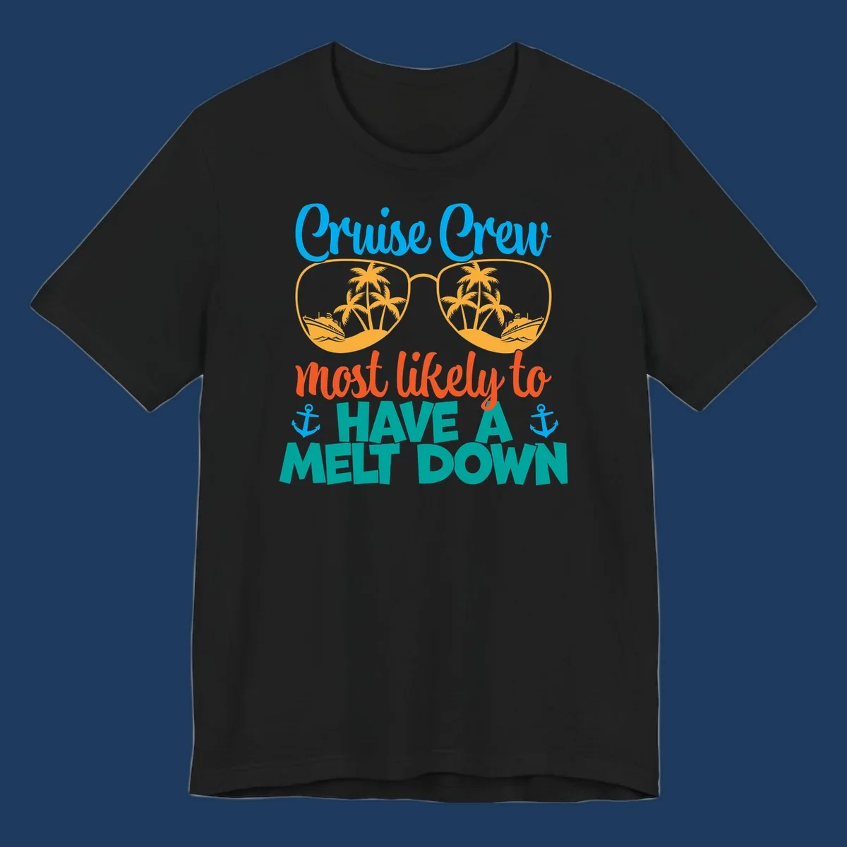 Colorful cruise crew melt down design with sunglasses containing palm trees and ships, playful vacation-themed text art