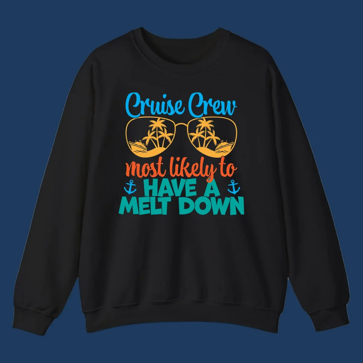 Colorful cruise crew melt down design with sunglasses containing palm trees and ships, playful vacation-themed text art