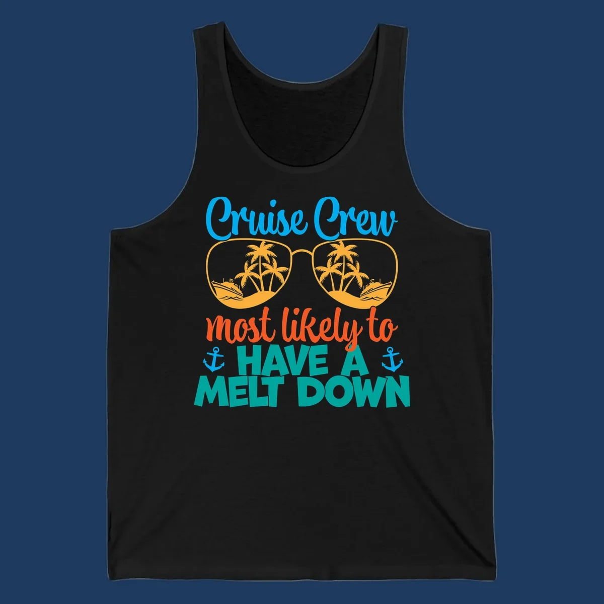 Colorful cruise crew melt down design with sunglasses containing palm trees and ships, playful vacation-themed text art