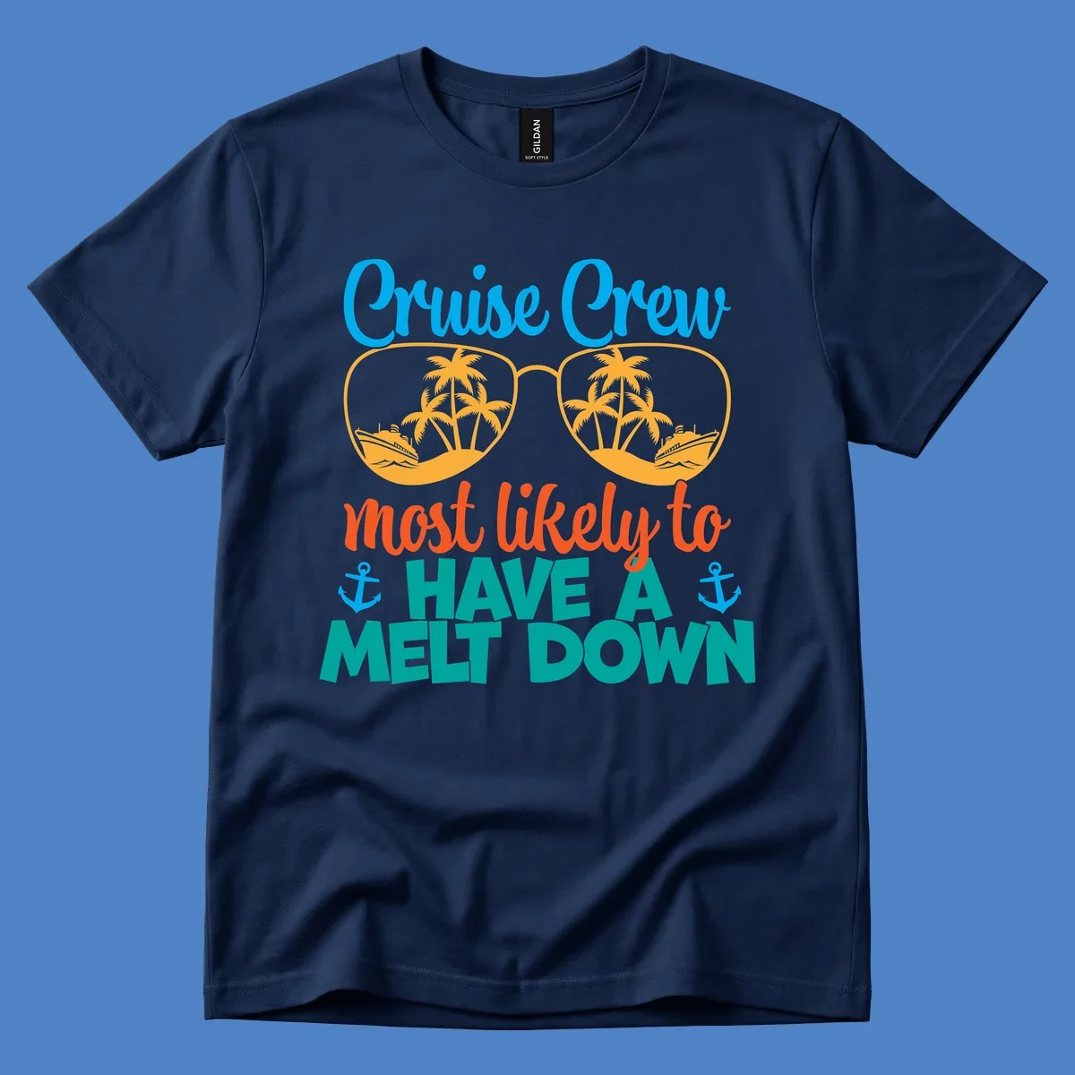 Colorful cruise crew melt down design with sunglasses containing palm trees and ships, playful vacation-themed text art
