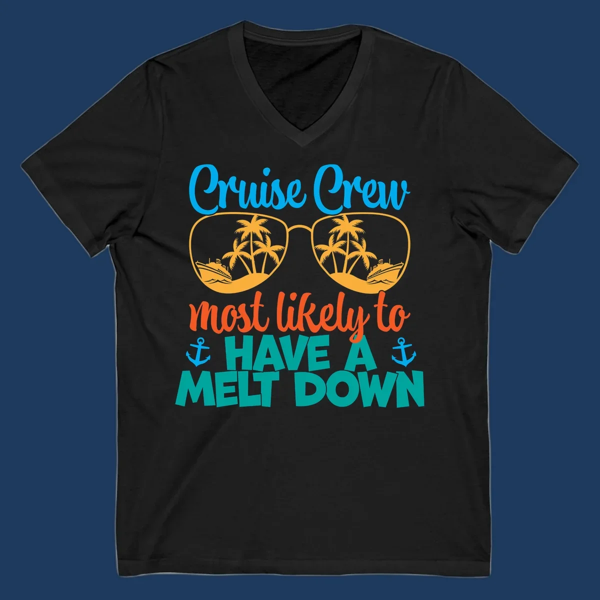 Colorful cruise crew melt down design with sunglasses containing palm trees and ships, playful vacation-themed text art