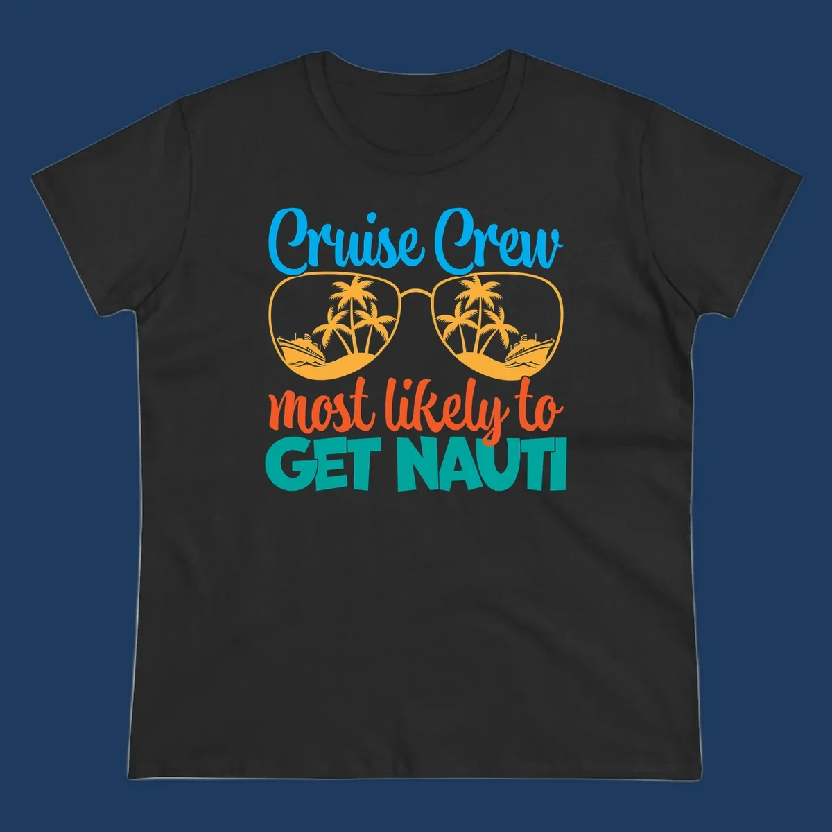 Cruise crew most likely to get nautic design with sunglasses containing palm trees and ships