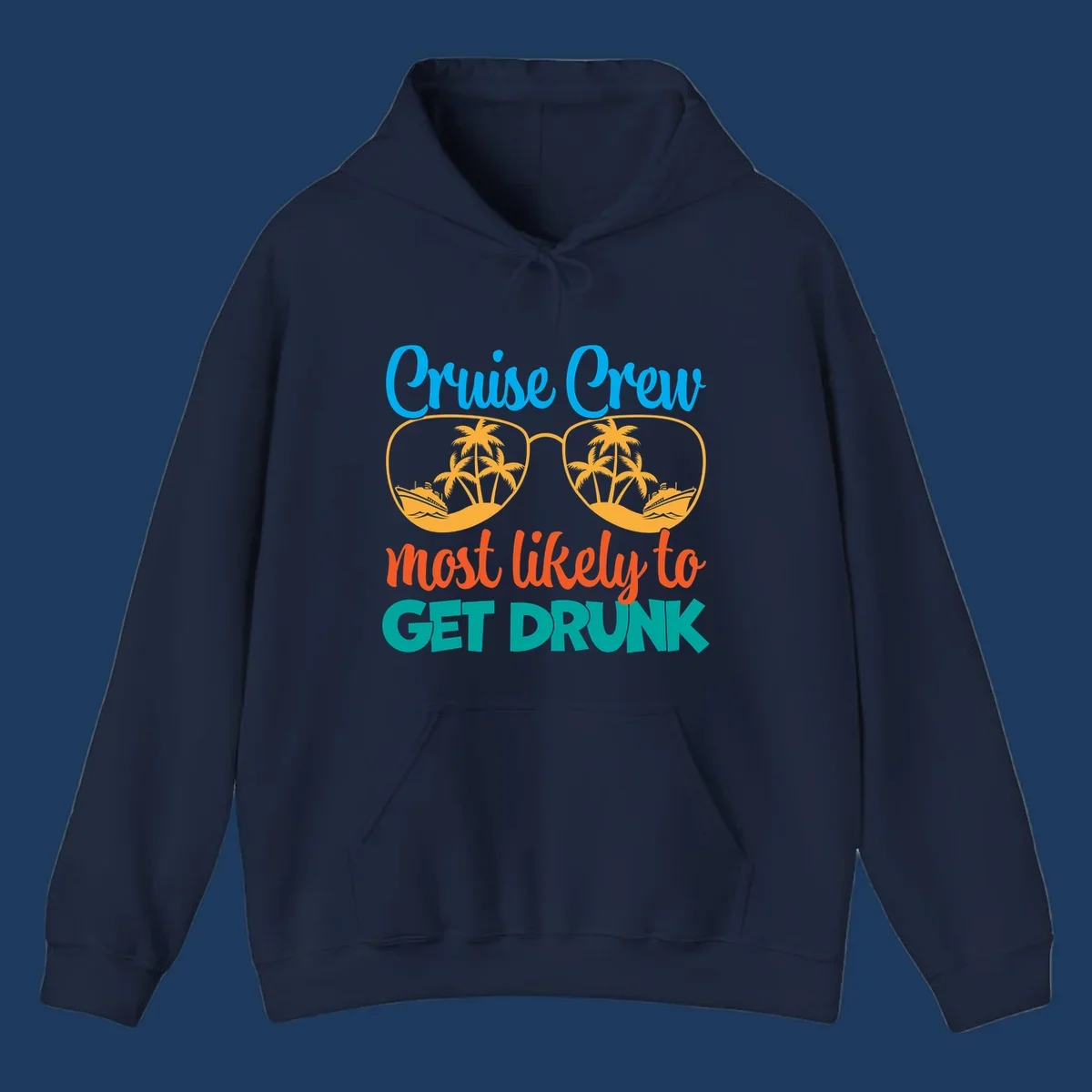 Colorful sunglasses design with tropical cruise scenes and 'Cruise Crew Most Likely To Get Drunk' text