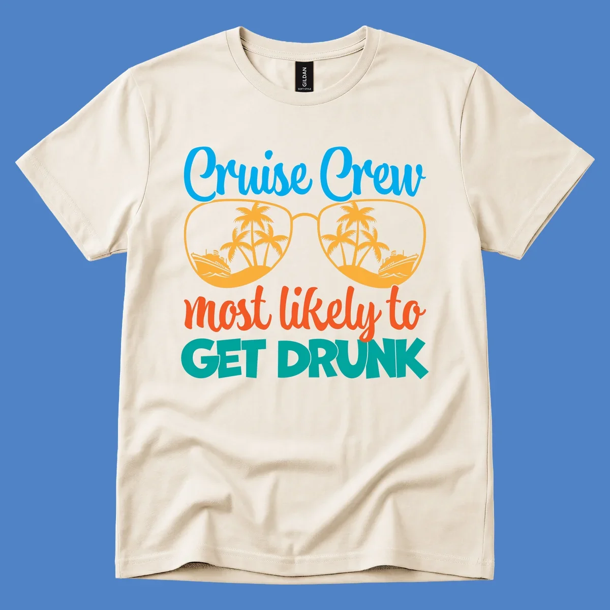 Colorful sunglasses design with tropical cruise scenes and 'Cruise Crew Most Likely To Get Drunk' text