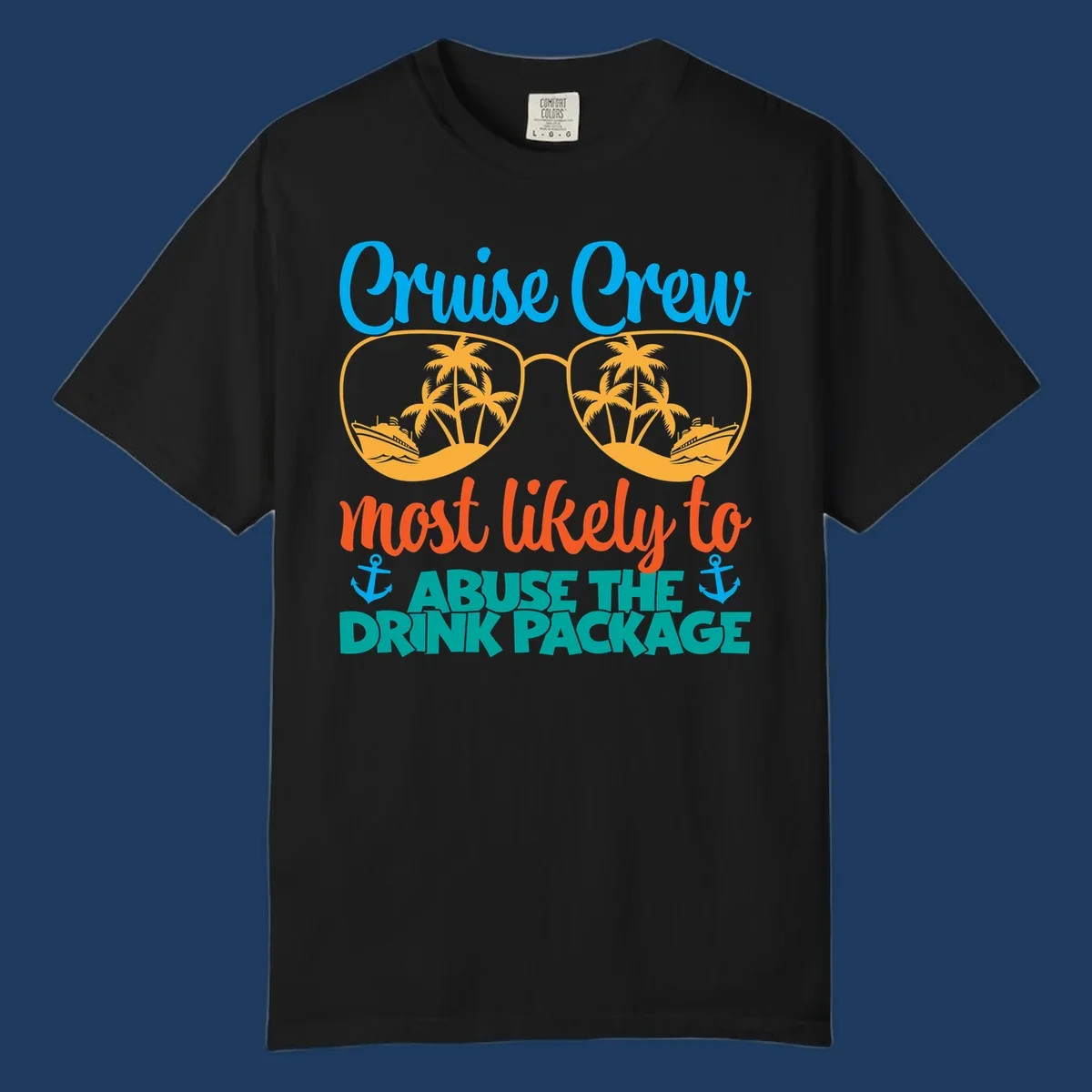 Cruise crew drink package humor design with sunglasses containing tropical beach and ship scenes