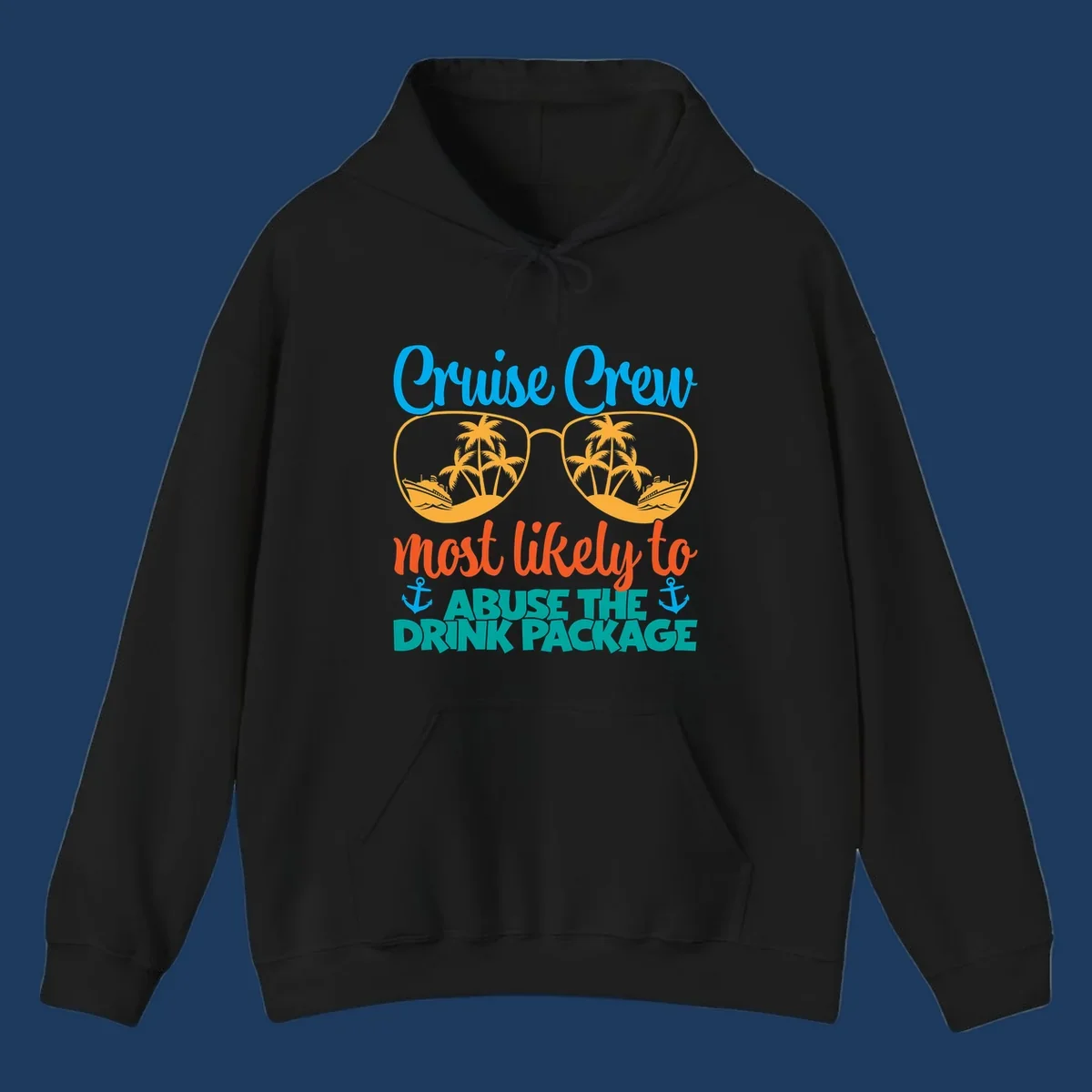 Cruise crew drink package humor design with sunglasses containing tropical beach and ship scenes