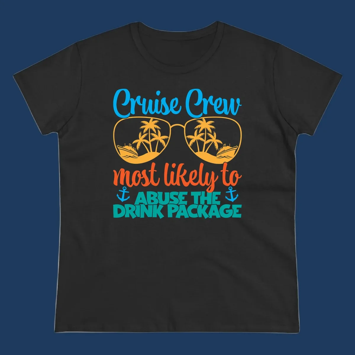 Cruise crew drink package humor design with sunglasses containing tropical beach and ship scenes