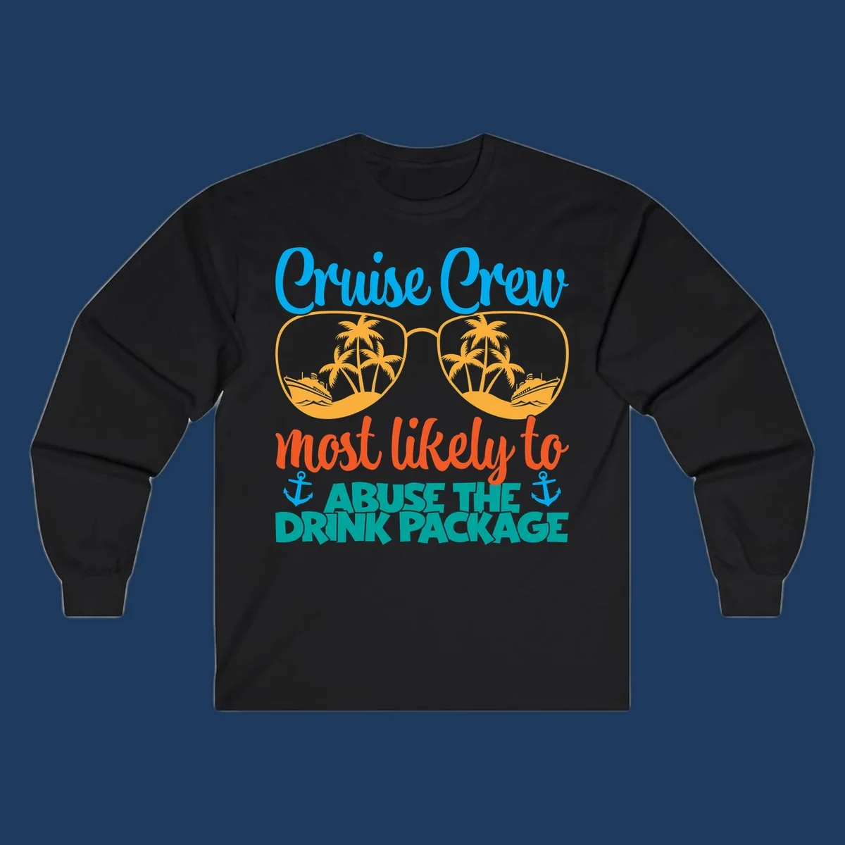 Cruise crew drink package humor design with sunglasses containing tropical beach and ship scenes