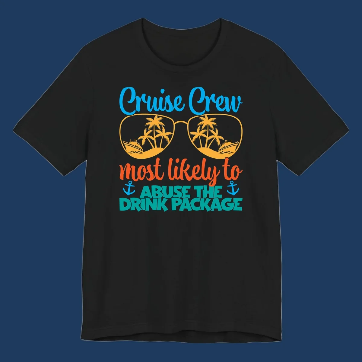 Cruise crew drink package humor design with sunglasses containing tropical beach and ship scenes