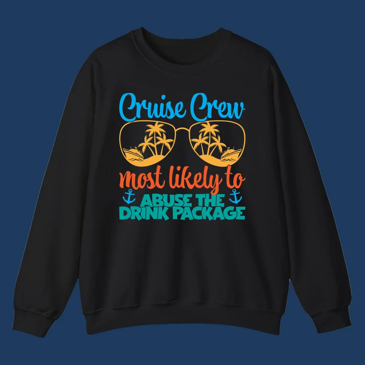 Cruise crew drink package humor design with sunglasses containing tropical beach and ship scenes