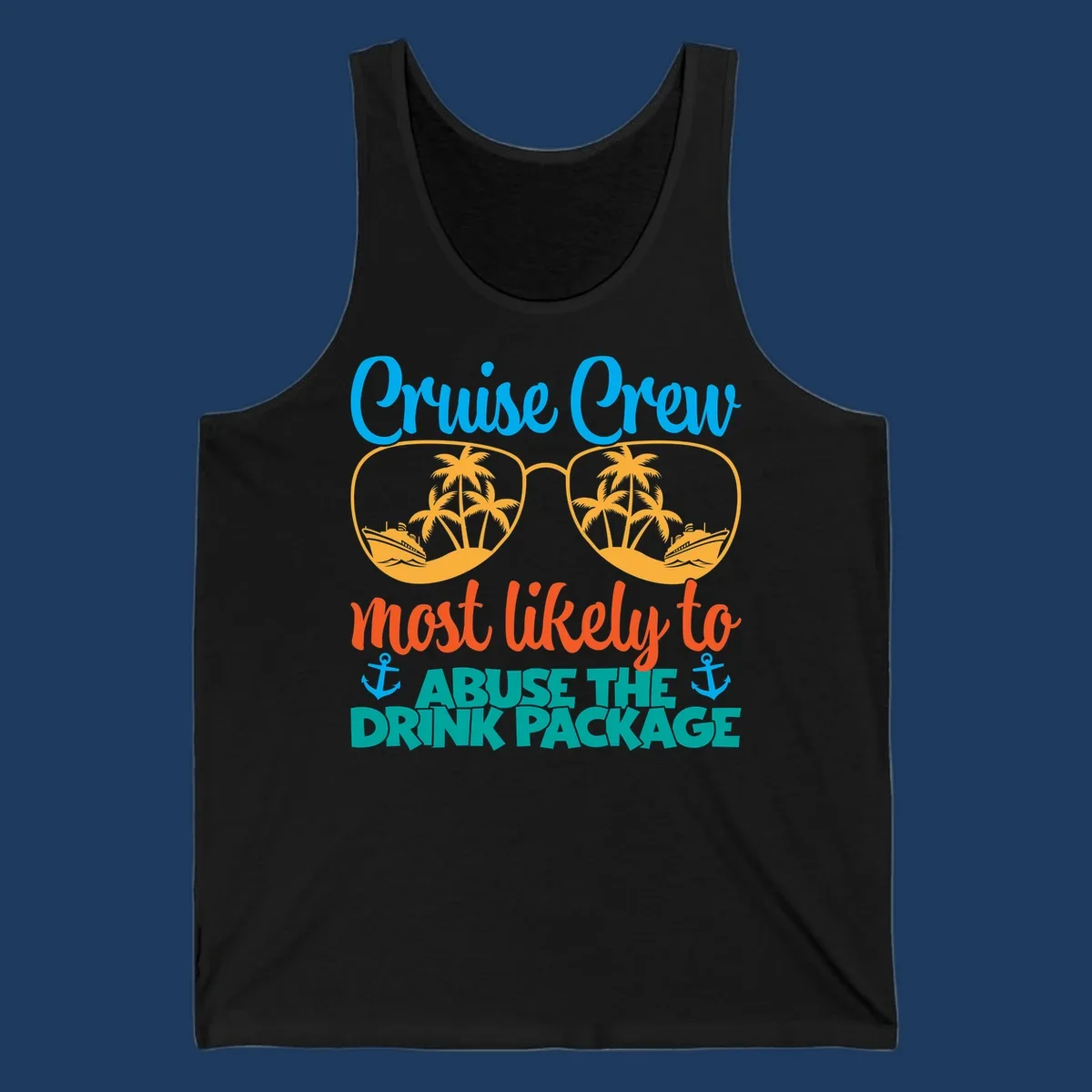 Cruise crew drink package humor design with sunglasses containing tropical beach and ship scenes