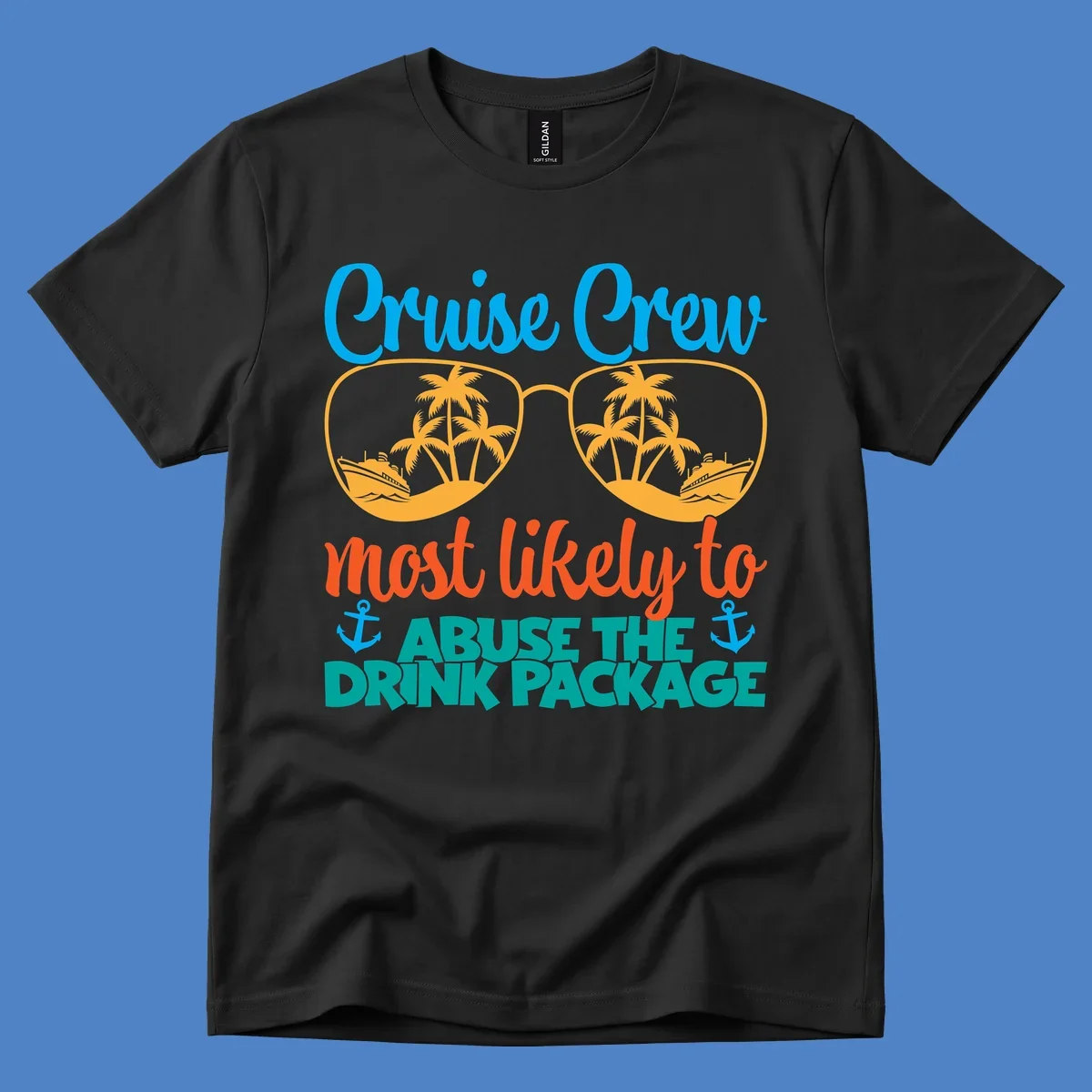 Cruise crew drink package humor design with sunglasses containing tropical beach and ship scenes