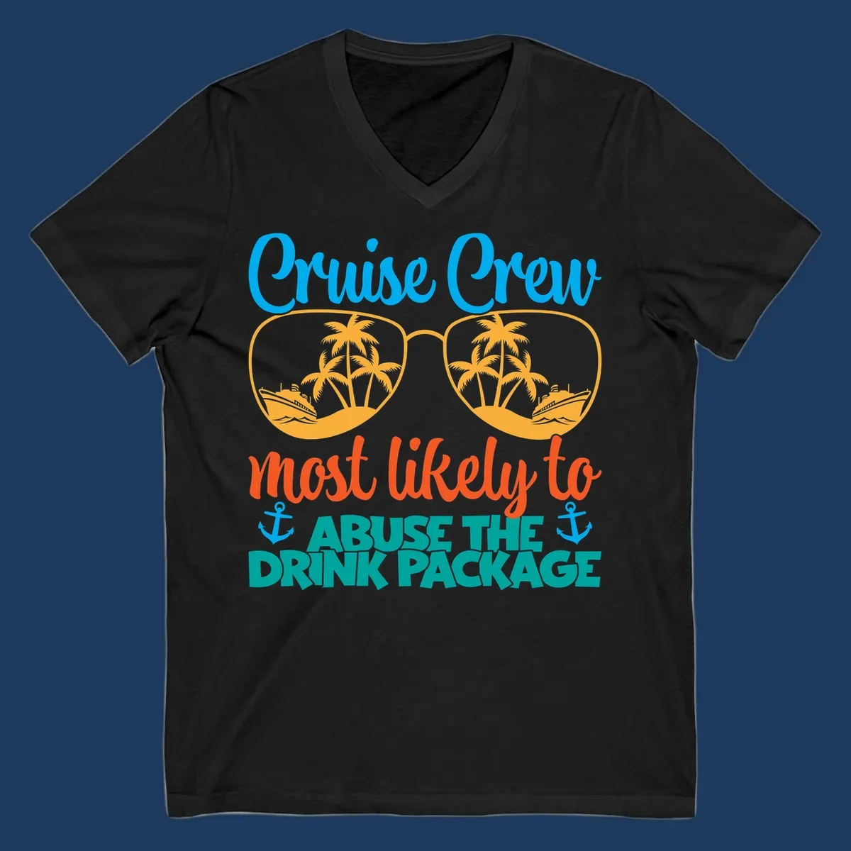 Cruise crew drink package humor design with sunglasses containing tropical beach and ship scenes