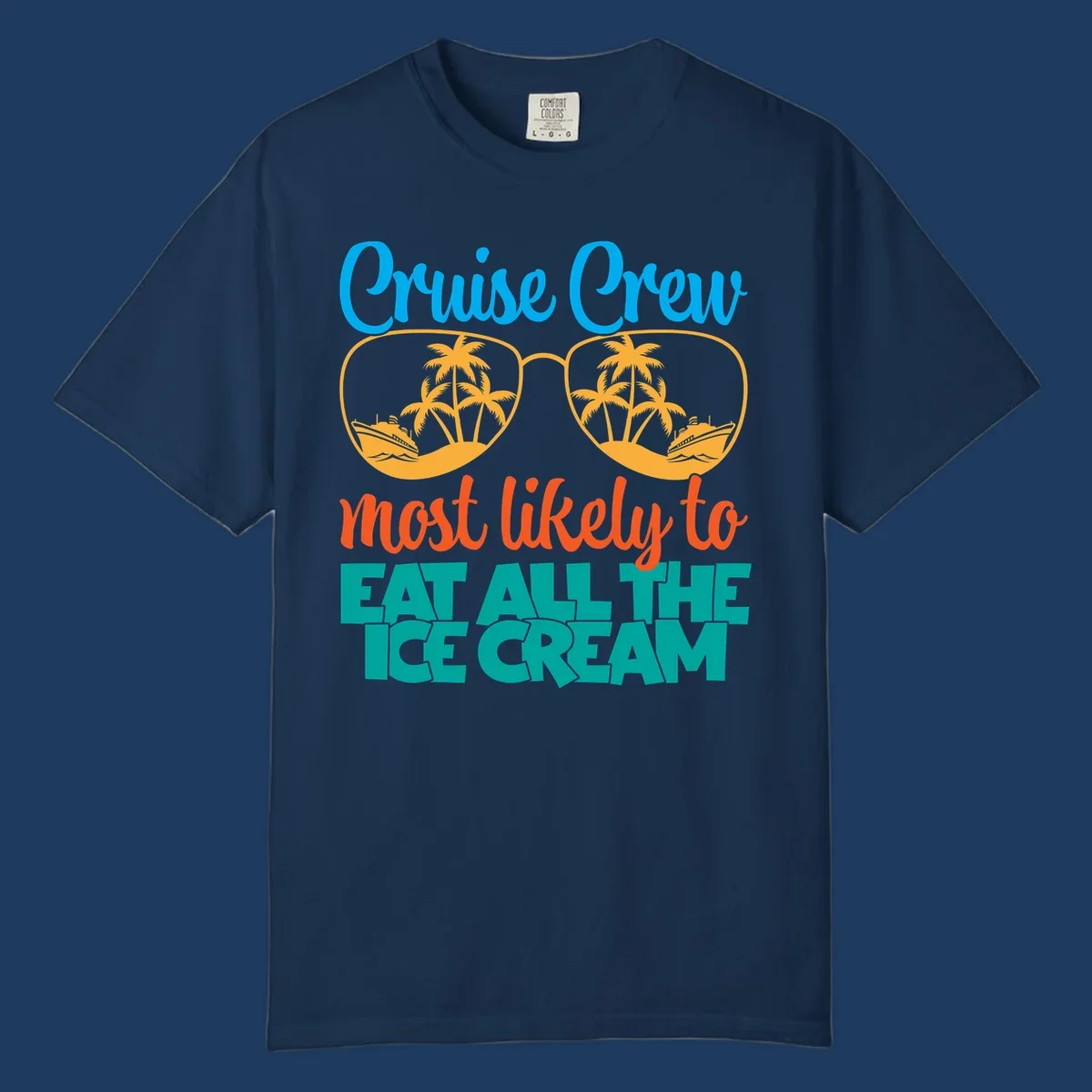 Cruise crew ice cream design with sunglasses, palm trees, and ships on turquoise water with bold colorful text