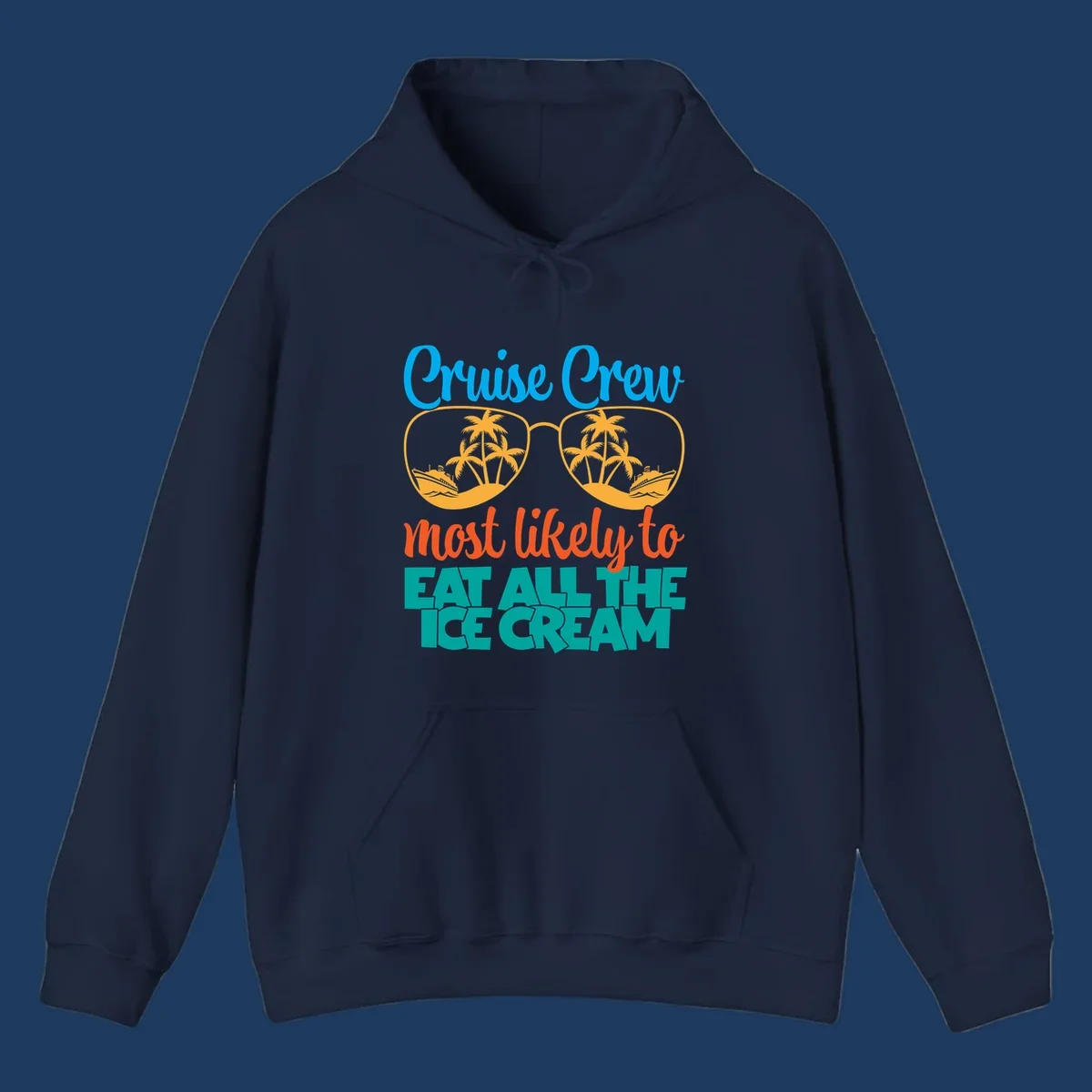 Cruise crew ice cream design with sunglasses, palm trees, and ships on turquoise water with bold colorful text