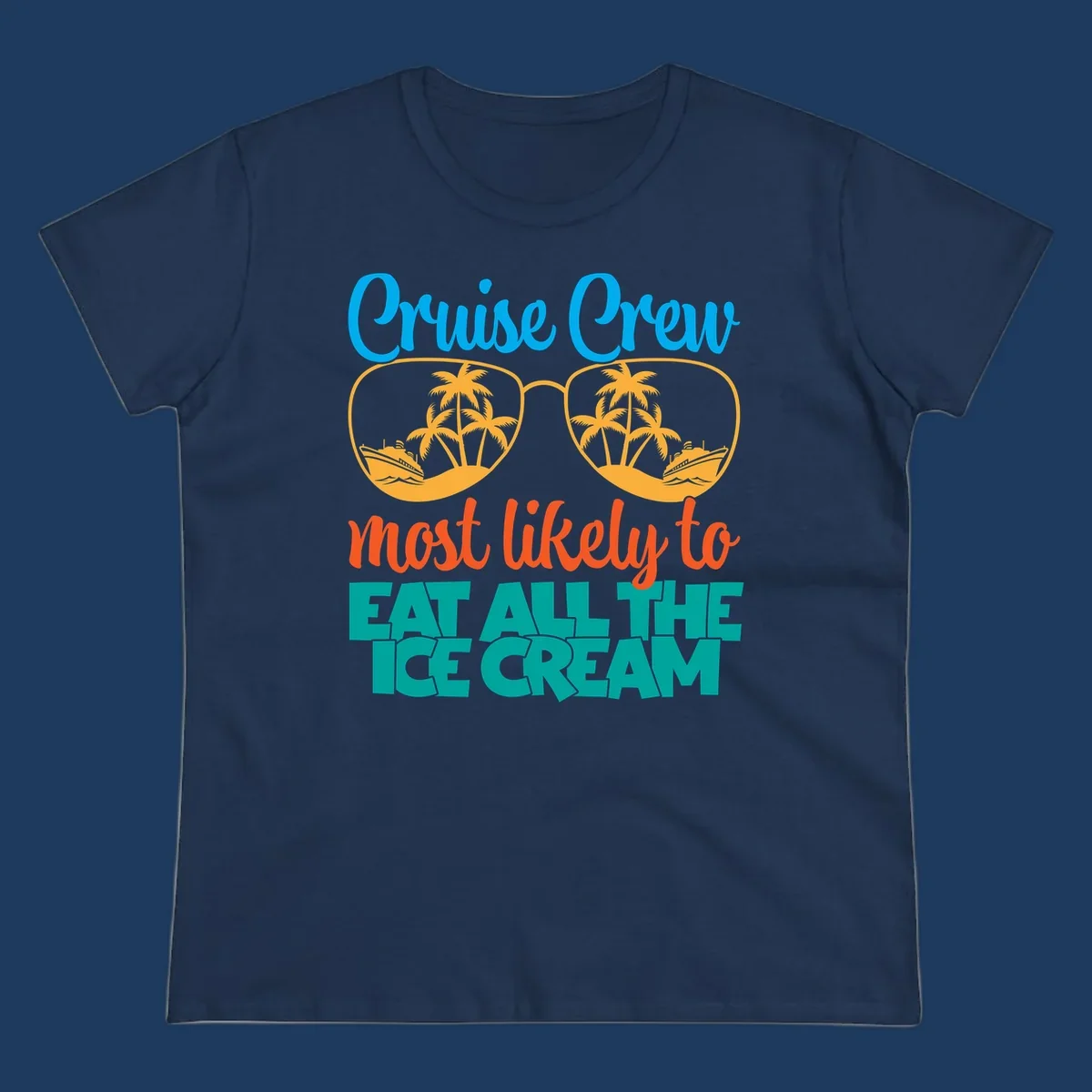 Cruise crew ice cream design with sunglasses, palm trees, and ships on turquoise water with bold colorful text