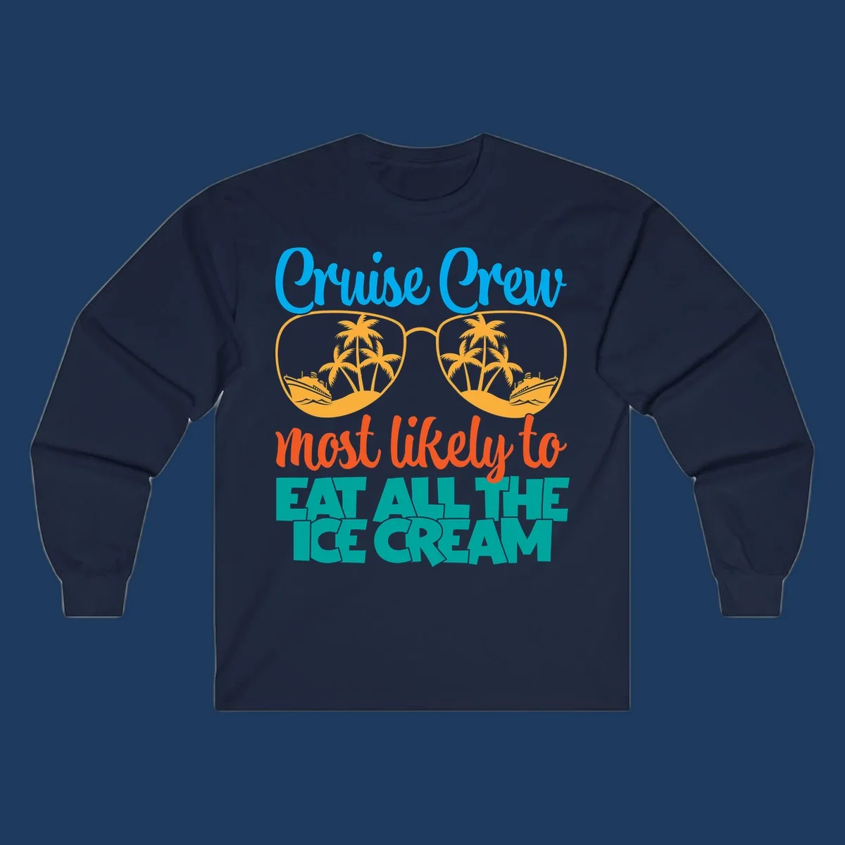Cruise crew ice cream design with sunglasses, palm trees, and ships on turquoise water with bold colorful text