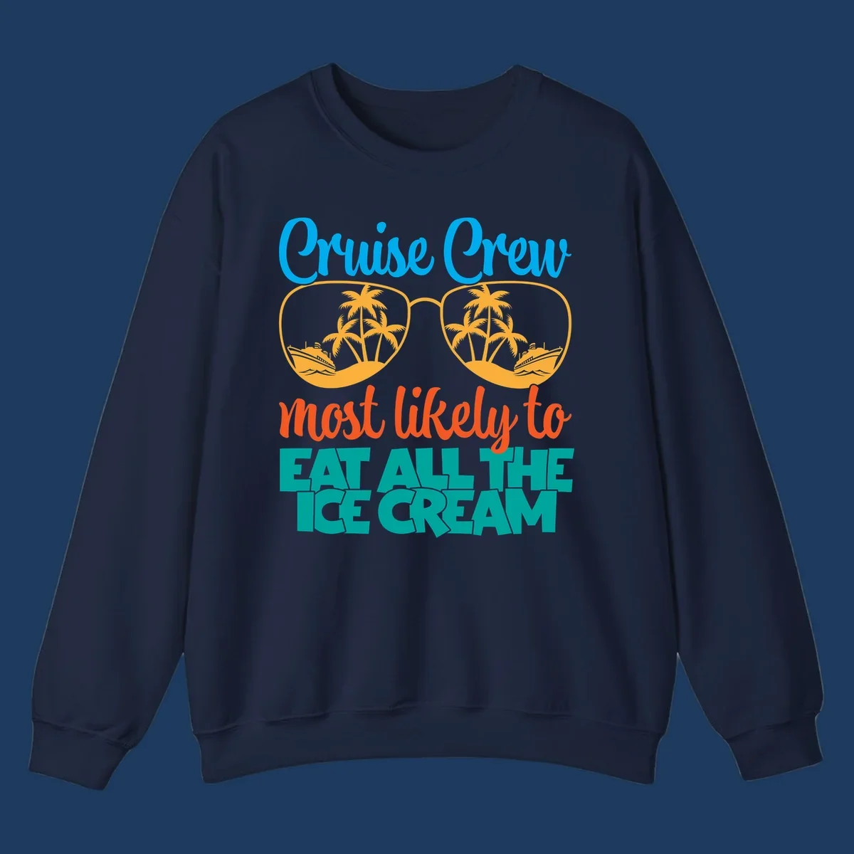 Cruise crew ice cream design with sunglasses, palm trees, and ships on turquoise water with bold colorful text