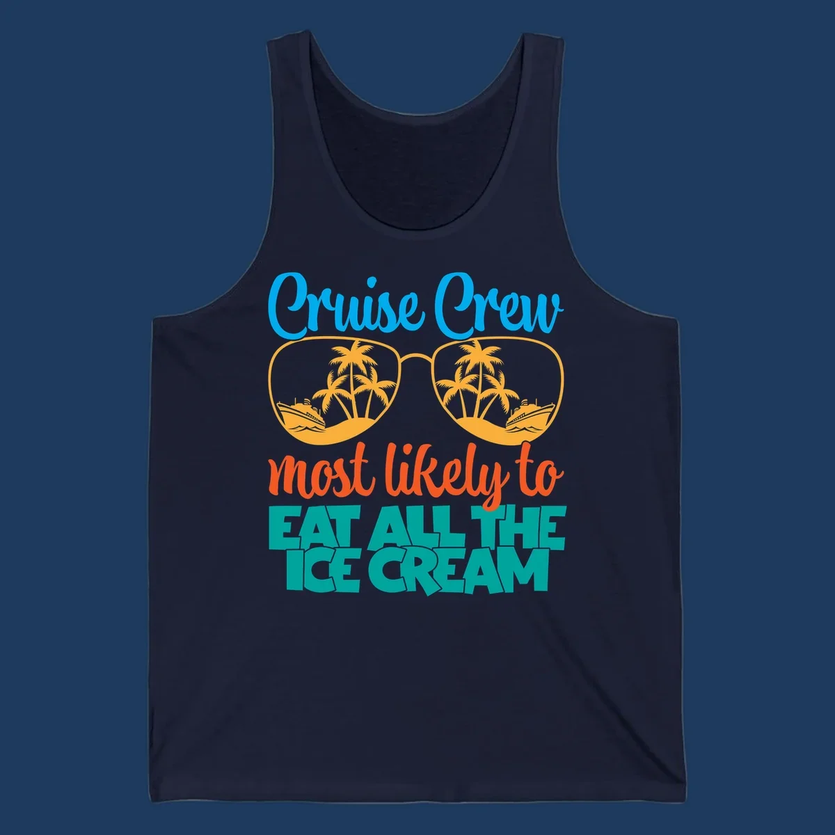 Cruise crew ice cream design with sunglasses, palm trees, and ships on turquoise water with bold colorful text