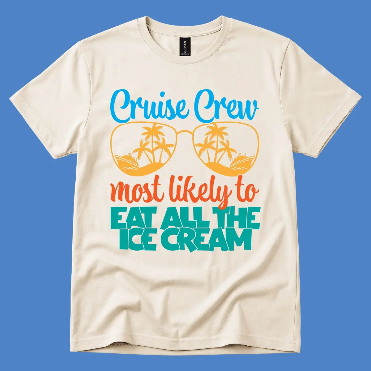 Cruise crew ice cream design with sunglasses, palm trees, and ships on turquoise water with bold colorful text