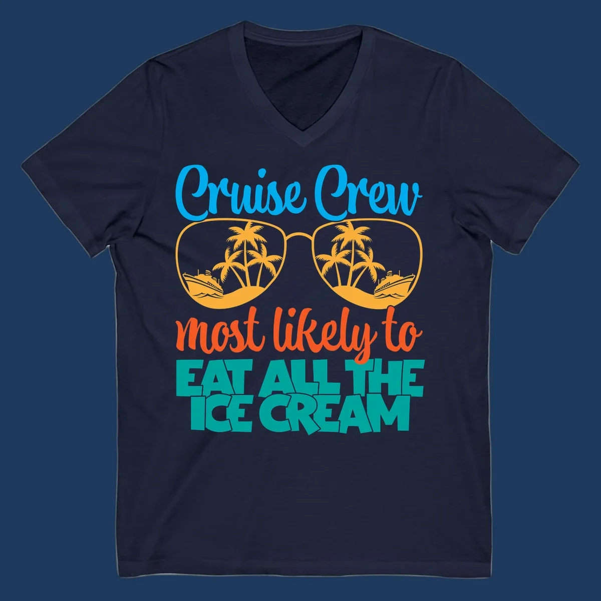 Cruise crew ice cream design with sunglasses, palm trees, and ships on turquoise water with bold colorful text
