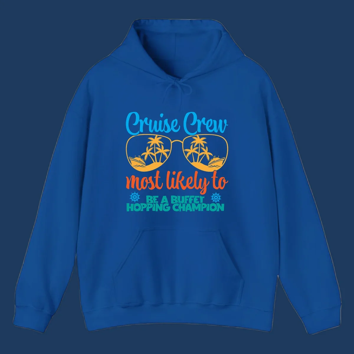 Colorful cruise buffet champion design with sunglasses containing palm trees and ships, featuring bold text about cruise crew buffet hopping