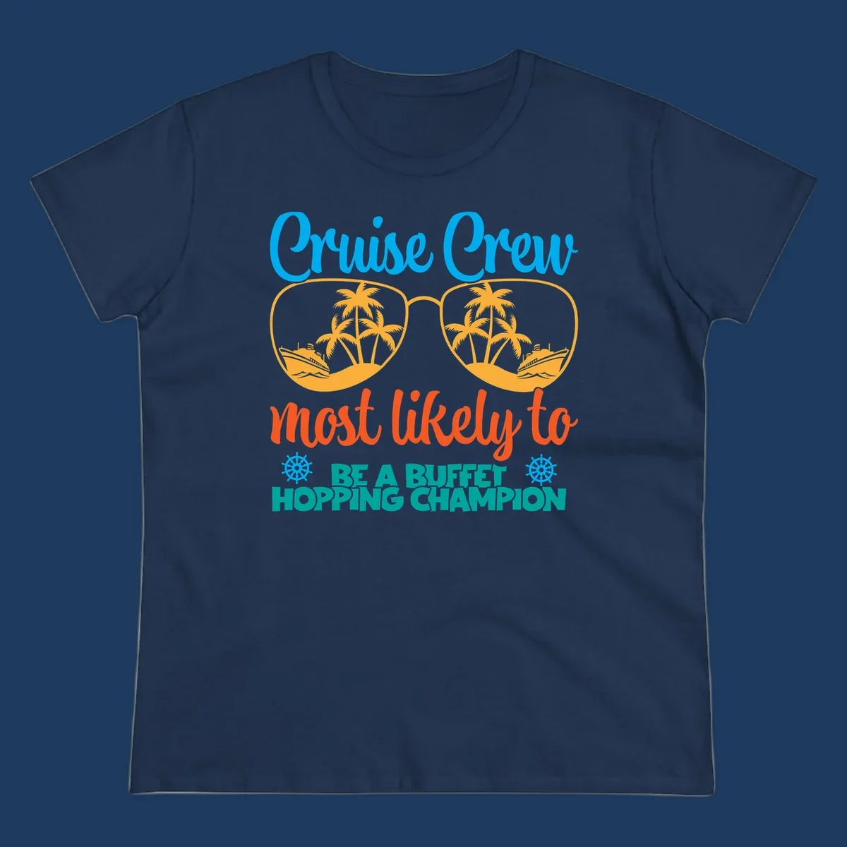 Colorful cruise buffet champion design with sunglasses containing palm trees and ships, featuring bold text about cruise crew buffet hopping
