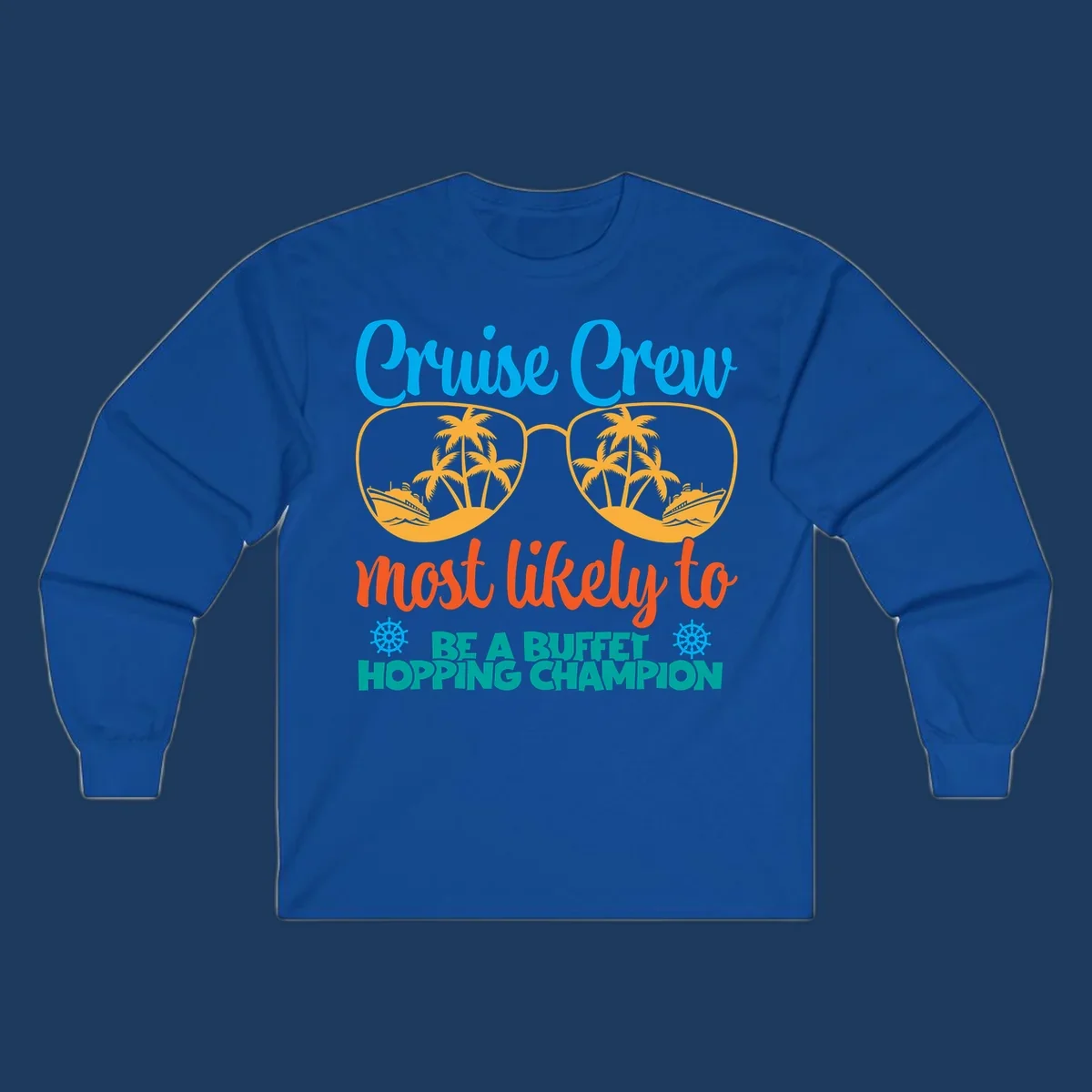 Colorful cruise buffet champion design with sunglasses containing palm trees and ships, featuring bold text about cruise crew buffet hopping