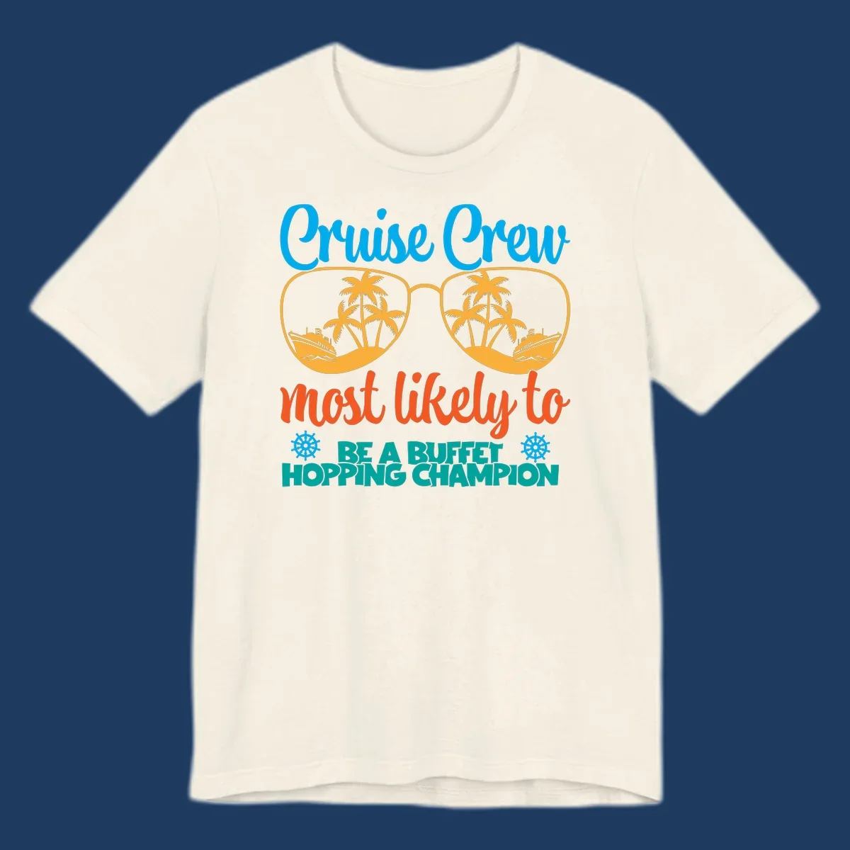 Colorful cruise buffet champion design with sunglasses containing palm trees and ships, featuring bold text about cruise crew buffet hopping