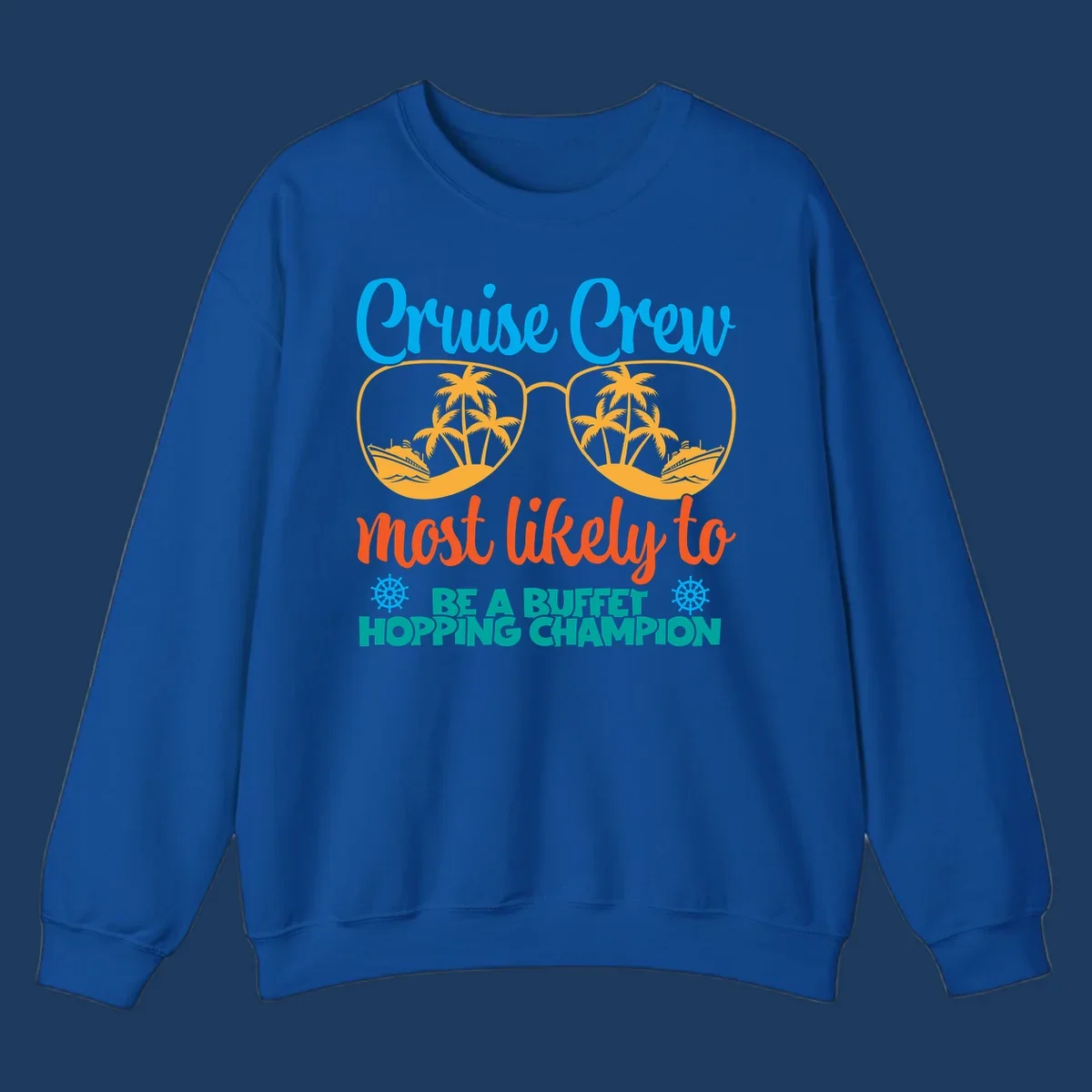 Colorful cruise buffet champion design with sunglasses containing palm trees and ships, featuring bold text about cruise crew buffet hopping
