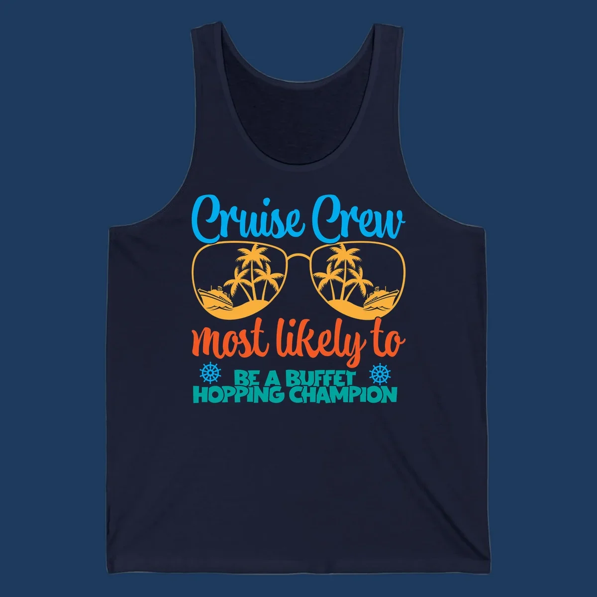 Colorful cruise buffet champion design with sunglasses containing palm trees and ships, featuring bold text about cruise crew buffet hopping