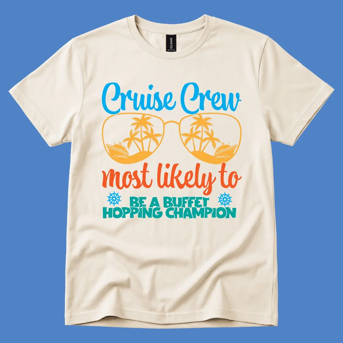 Colorful cruise buffet champion design with sunglasses containing palm trees and ships, featuring bold text about cruise crew buffet hopping