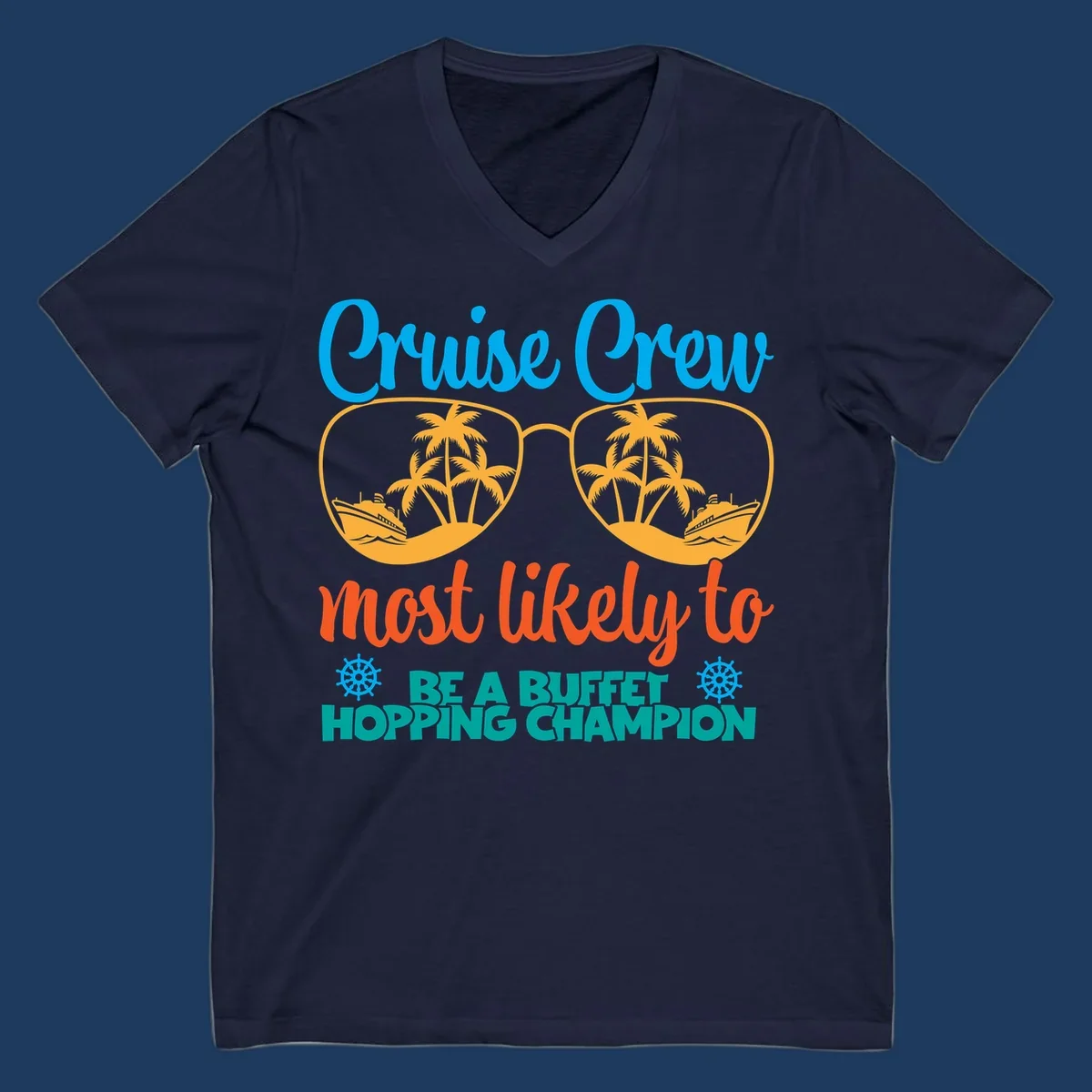 Colorful cruise buffet champion design with sunglasses containing palm trees and ships, featuring bold text about cruise crew buffet hopping