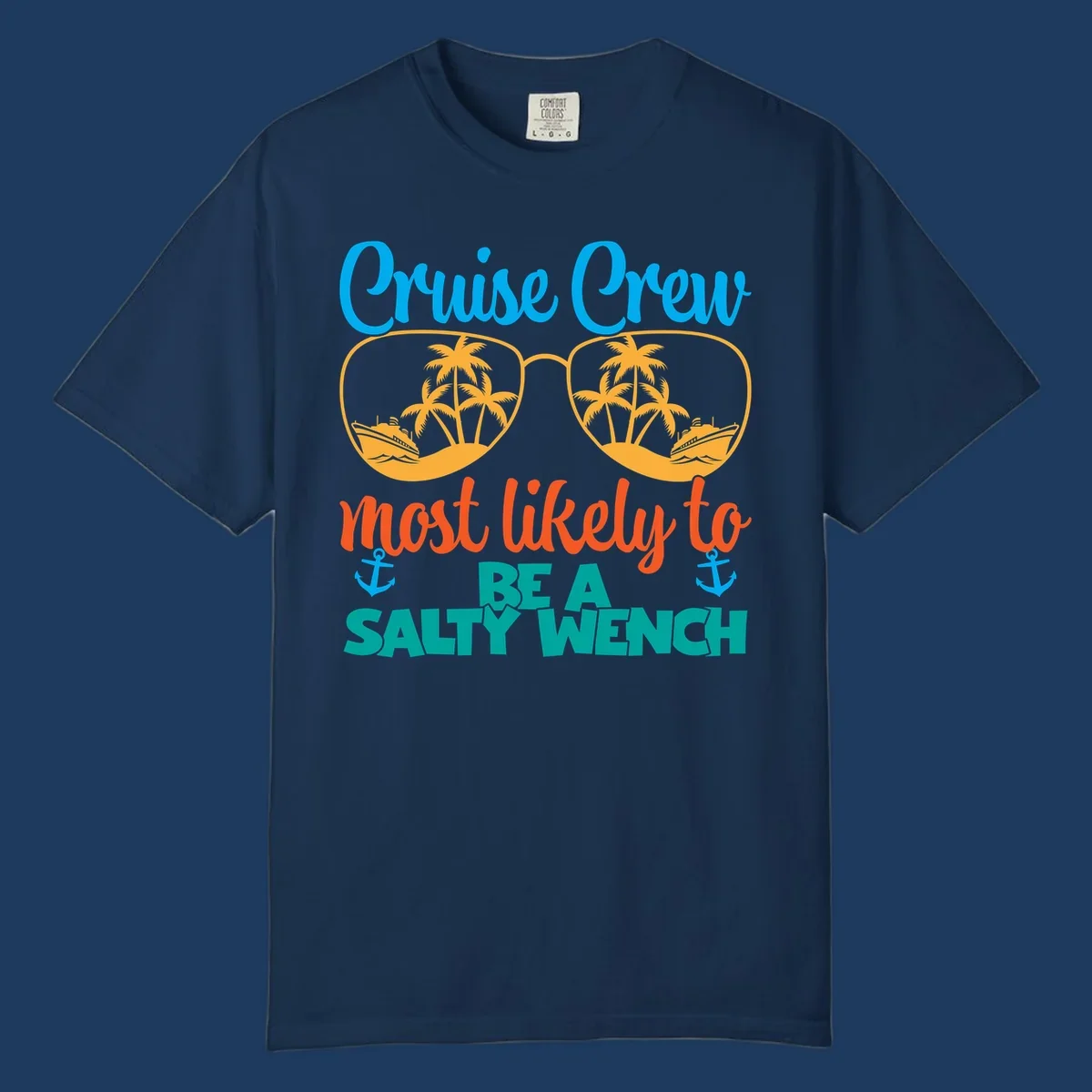 Salty wench cruise crew design with sunglasses containing palm trees and ships, tropical vacation humor graphic