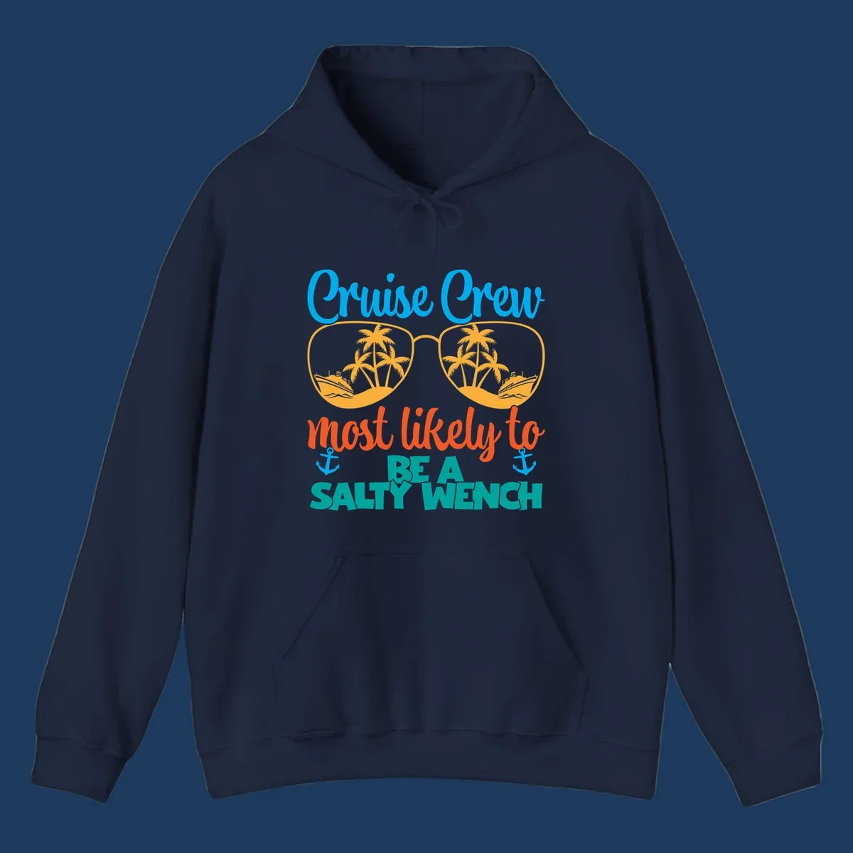 Salty wench cruise crew design with sunglasses containing palm trees and ships, tropical vacation humor graphic