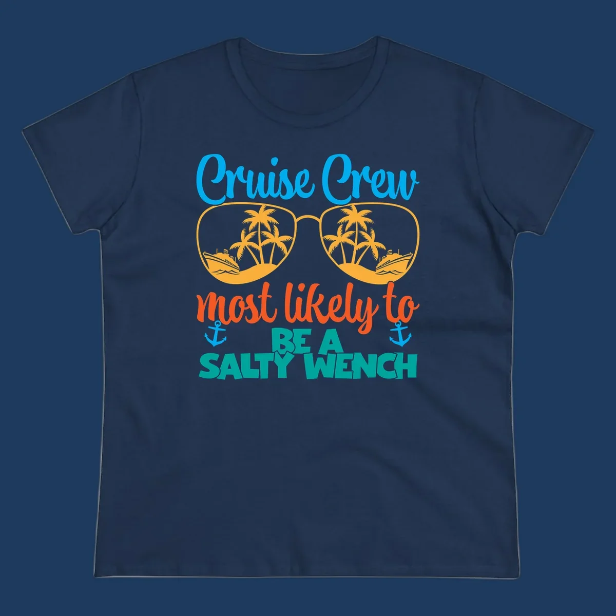 Salty wench cruise crew design with sunglasses containing palm trees and ships, tropical vacation humor graphic