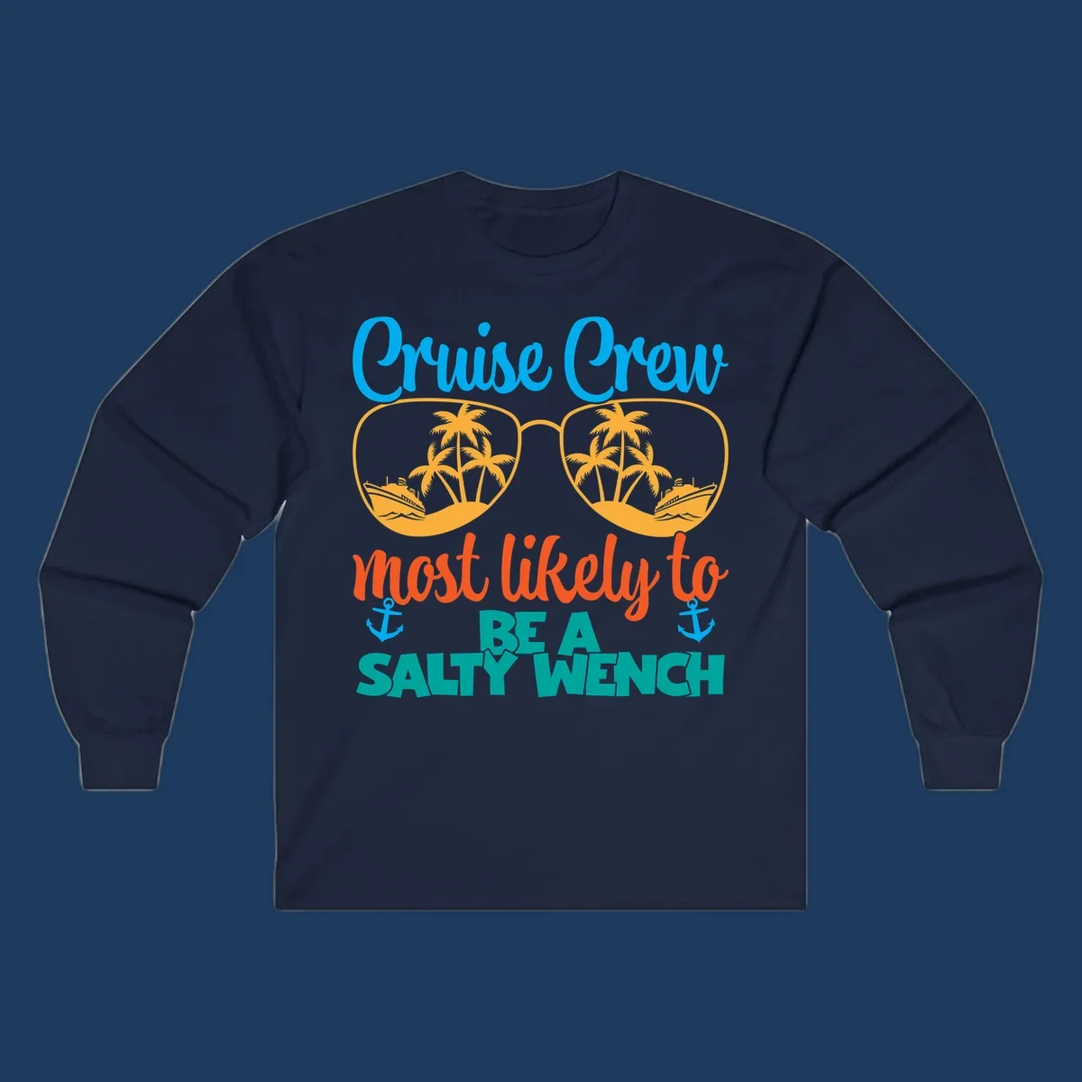 Salty wench cruise crew design with sunglasses containing palm trees and ships, tropical vacation humor graphic