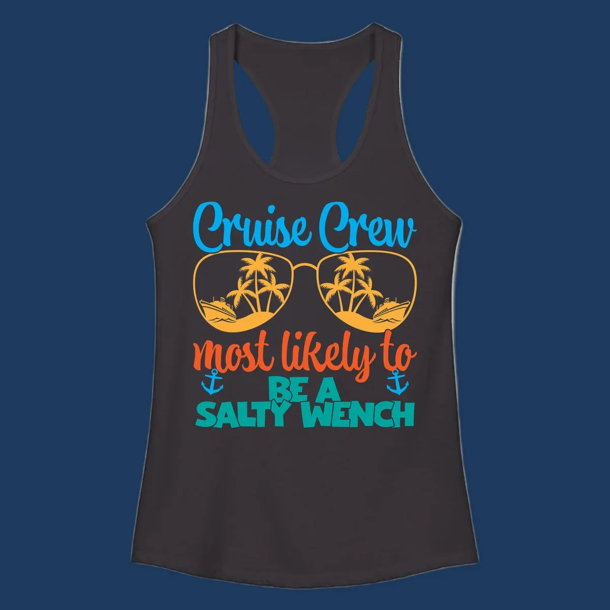 Salty wench cruise crew design with sunglasses containing palm trees and ships, tropical vacation humor graphic