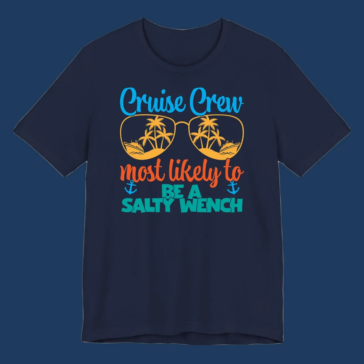 Salty wench cruise crew design with sunglasses containing palm trees and ships, tropical vacation humor graphic