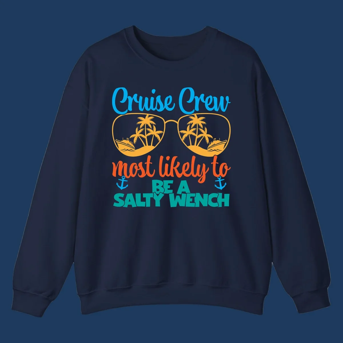 Salty wench cruise crew design with sunglasses containing palm trees and ships, tropical vacation humor graphic