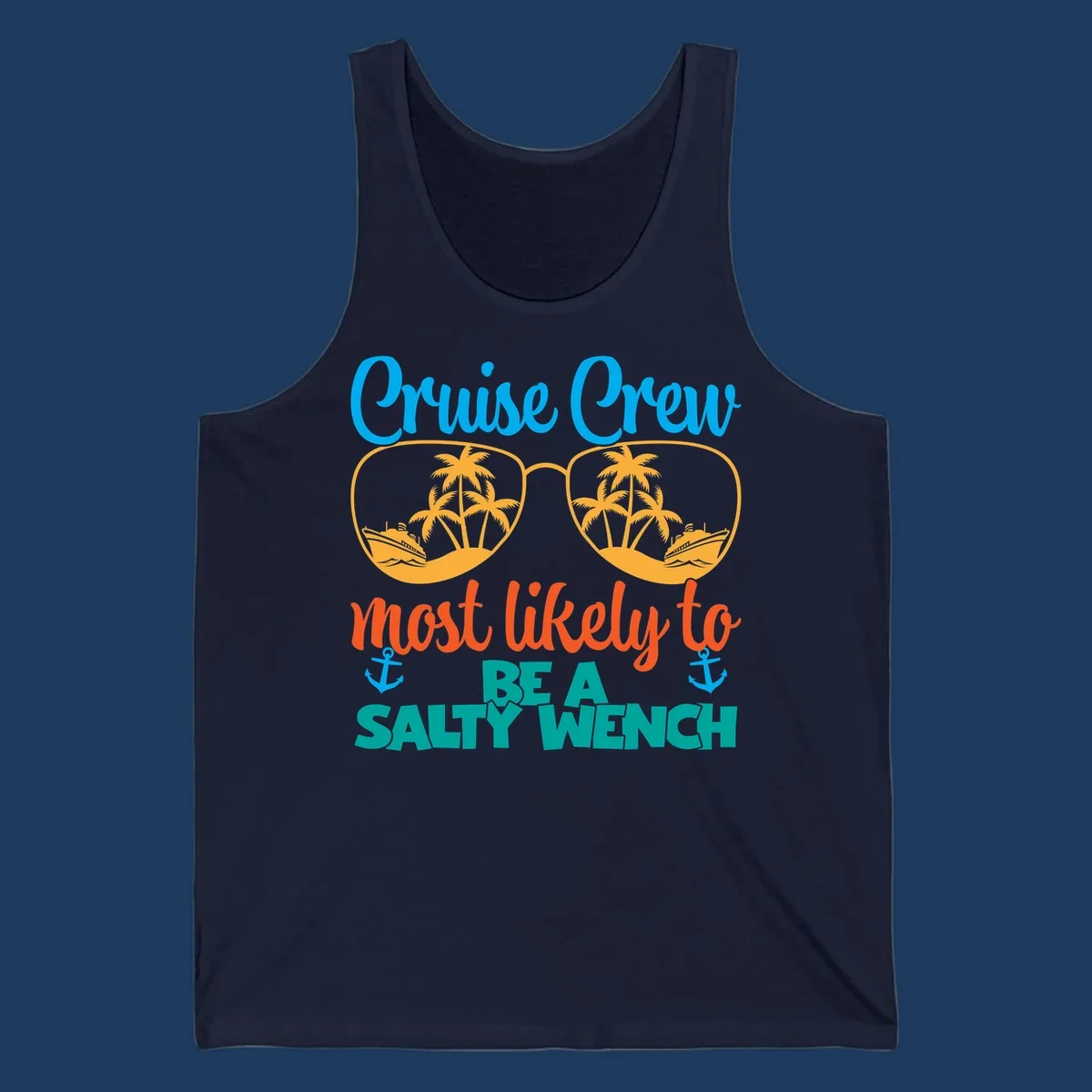 Salty wench cruise crew design with sunglasses containing palm trees and ships, tropical vacation humor graphic